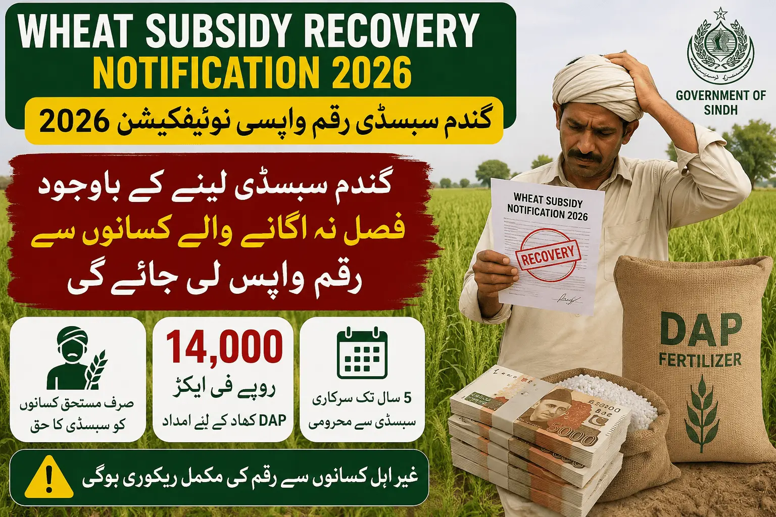 Wheat Subsidy Recovery Notification 2026 thumbnail showing Sindh government wheat subsidy recovery notice for farmers who did not cultivate wheat after receiving DAP subsidy.